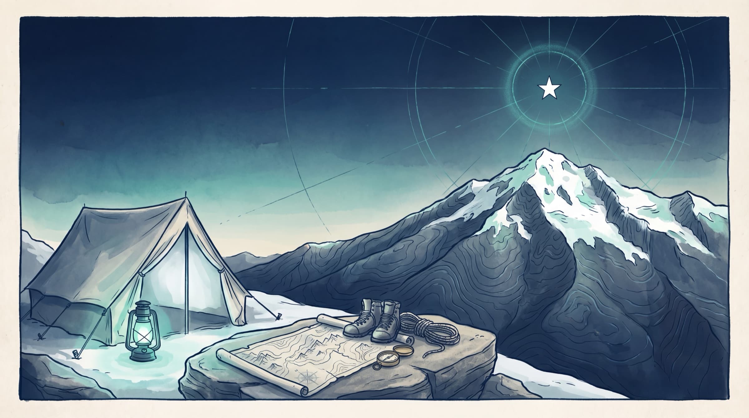 Basecamp at pre-dawn beneath a great mountain, North Star overhead — the moment before the climb begins.
