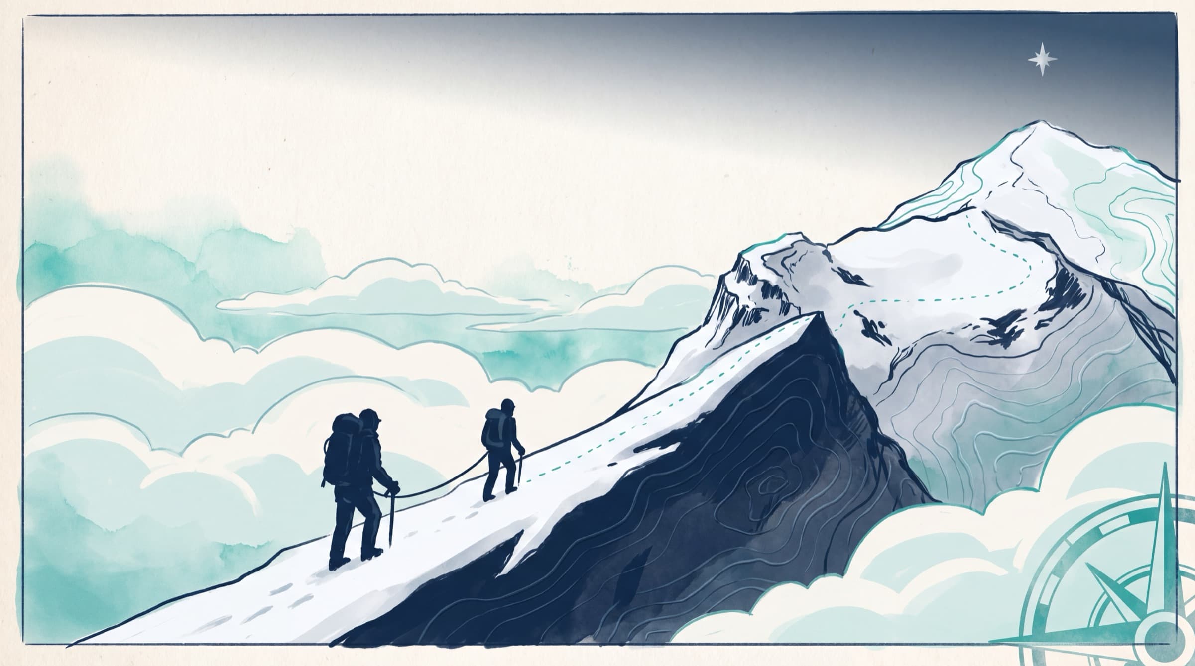 Two climbers roped together traversing a ridge in alpine dawn light — shared purpose, earned trust.