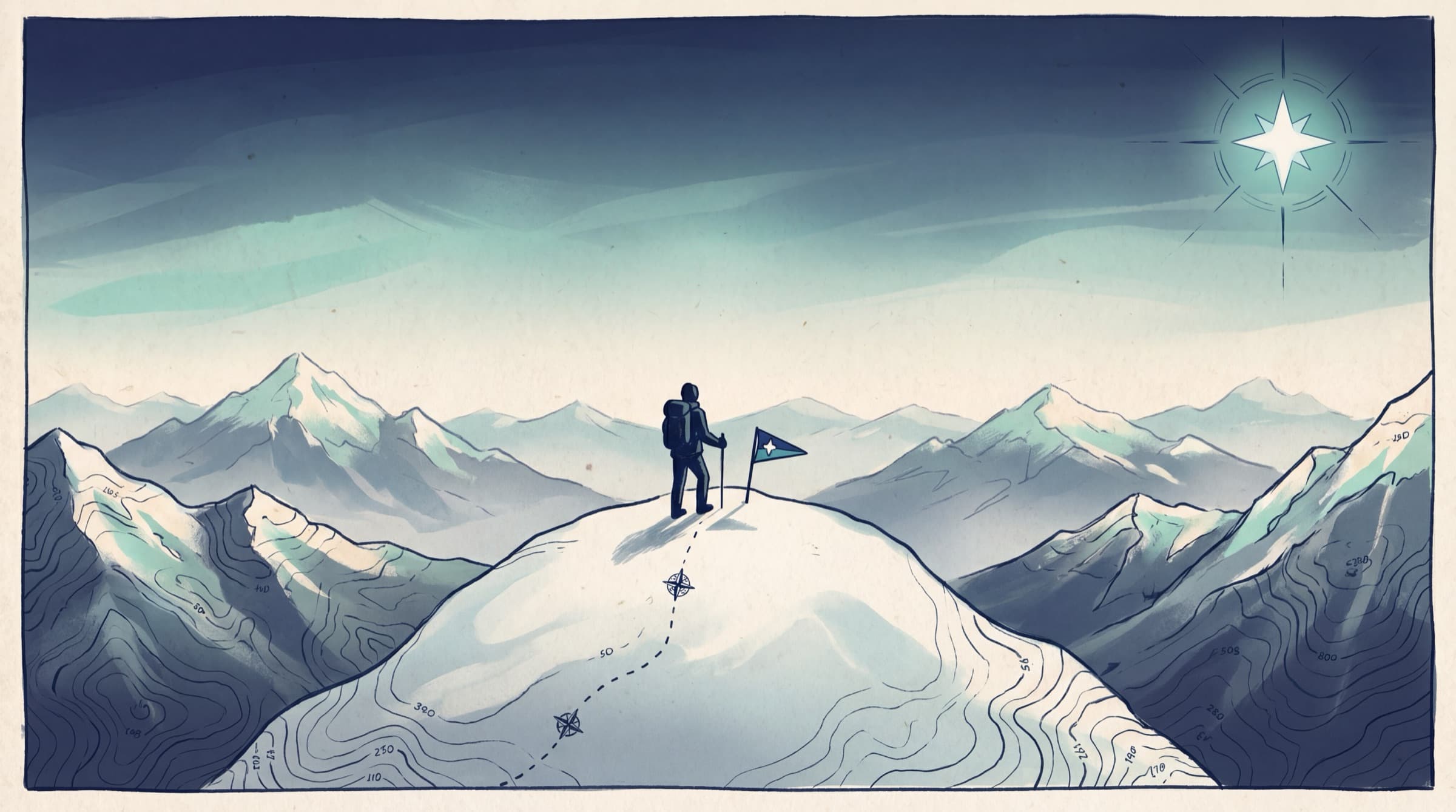 A climber on a summit looking out at a further range — every summit reveals the next.