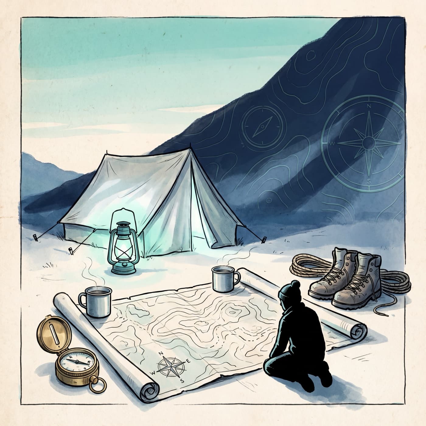 Basecamp at pre-dawn — map, compass, lantern, and a figure studying the map.