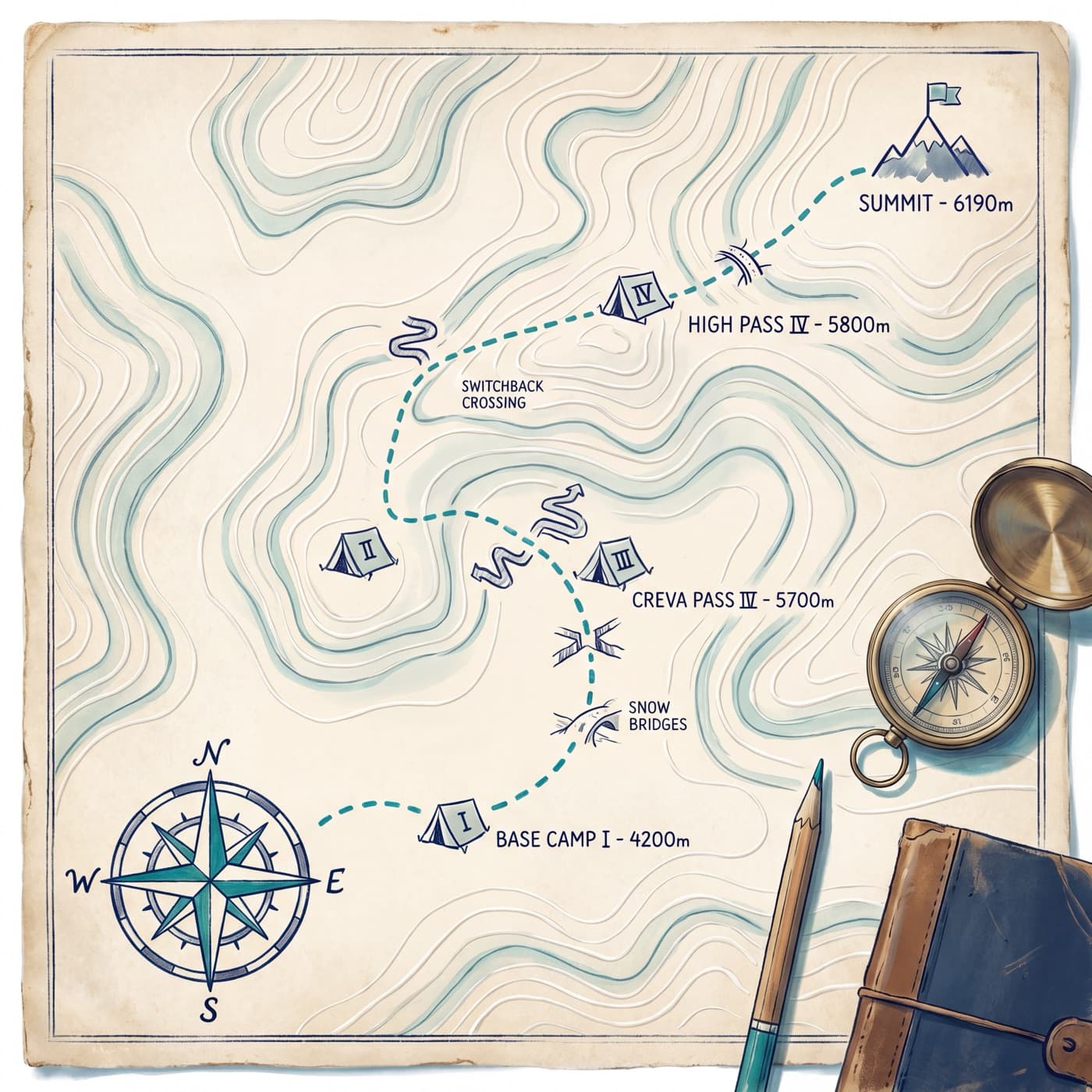 A hand-drawn expedition route map with numbered camps winding up to a summit.