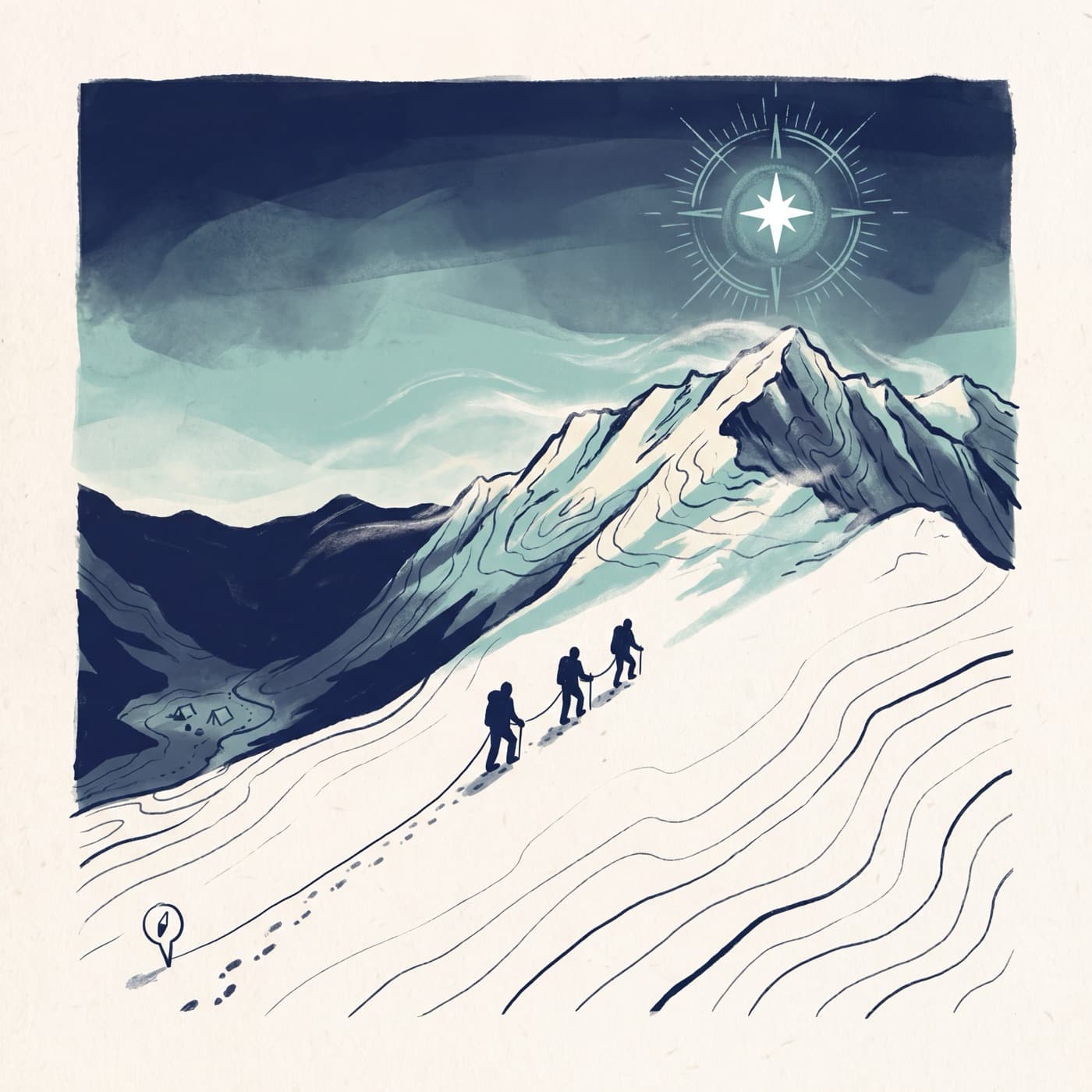 Climbers roped together ascending toward a summit that catches dawn light.