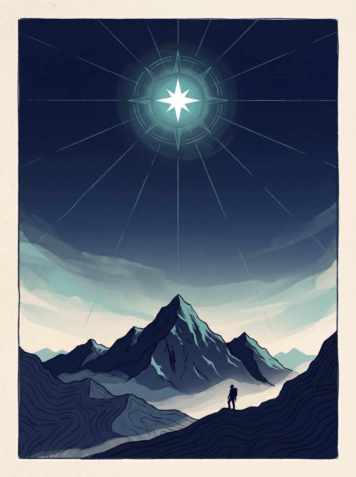 A single bright North Star above a mountain range at night — the vision that orients every expedition.