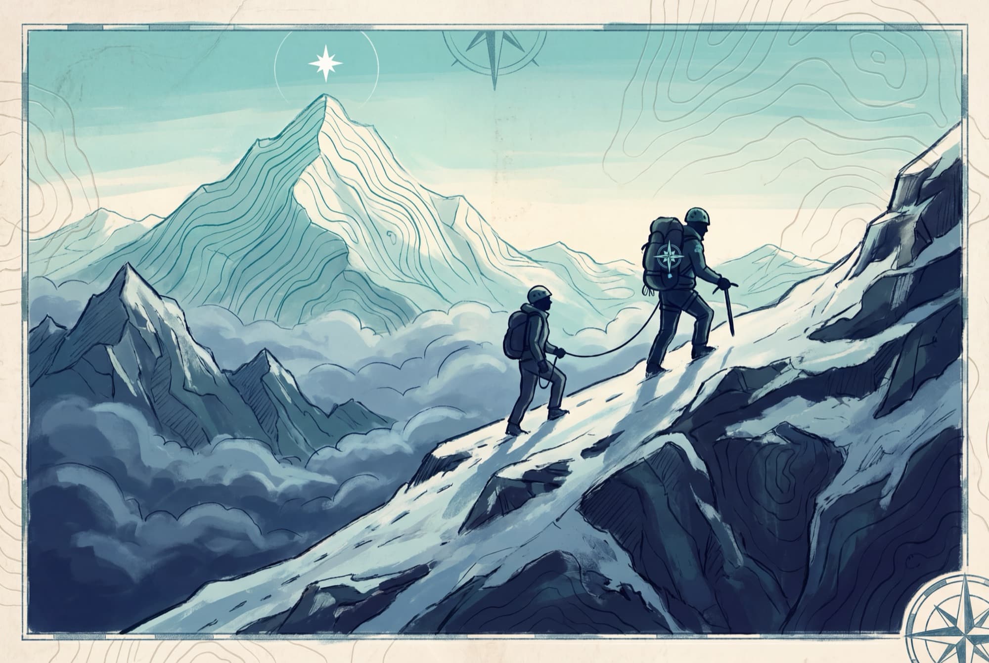 Two climbers roped together on a ridge — the Sherpa and the business owner, companions on one line.