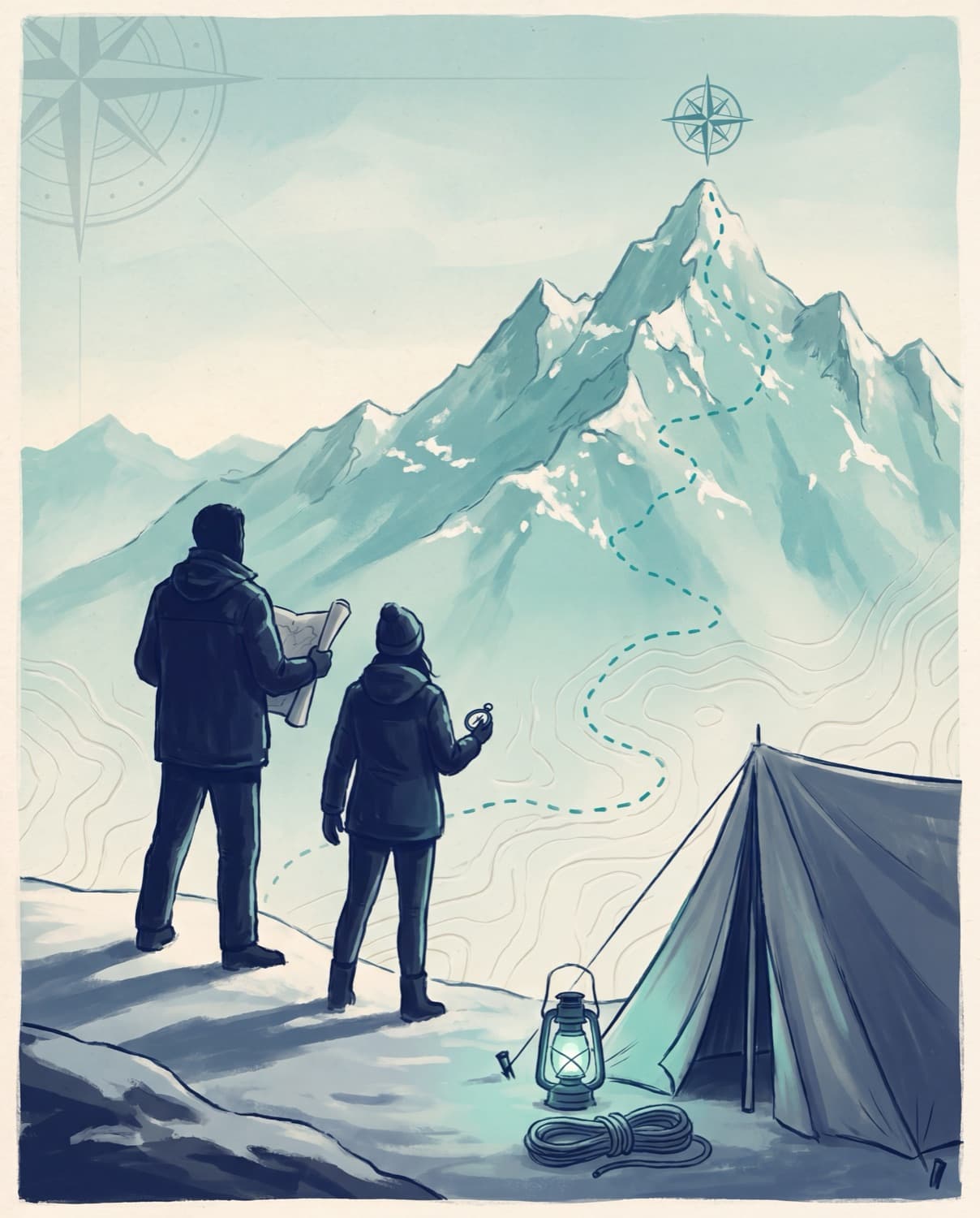 Two expedition leaders at basecamp, facing the mountain ahead — Anveshi’s cofounders as seekers.