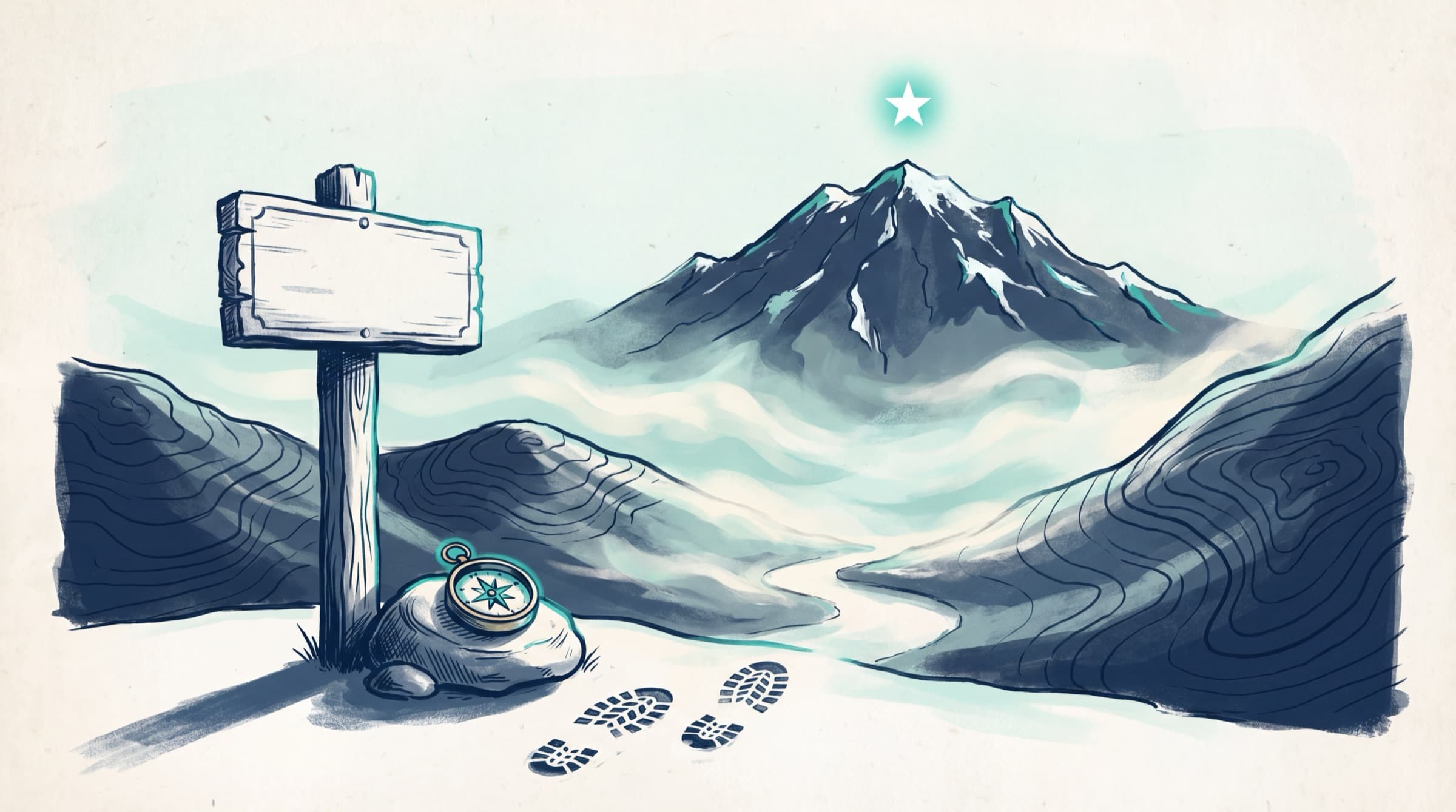 A trailhead at alpine dawn — the path disappears into mist between two foothills toward a distant mountain.
